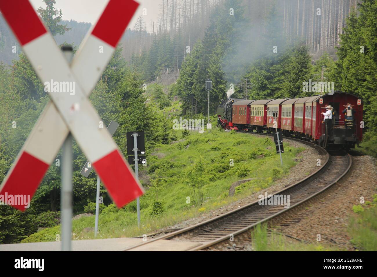 Schierke, Allemagne. 09e juin 2021. Un train du Harzer Schmalsurbahnen (HSB) est en route pour Brocken. Pour la première fois après une pause de sept mois, un train de la HSB est allé au Brocken aujourd'hui. Le service régulier de trains sur toutes les lignes de la DGSS a été suspendu en novembre 2020 en raison de la pandémie de Corona. À partir d'aujourd'hui, des trains à vapeur quotidiens repartent pour Brocken. Credit: Matthias Bein/dpa-Zentralbild/dpa/Alay Live News Banque D'Images