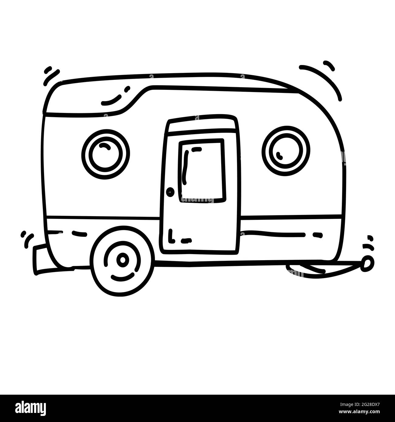 Randonnée aventure caravane, voyage, camping. Dessin d'icône à la main, contour noir, icône de vecteur d'icône de doodle Illustration de Vecteur