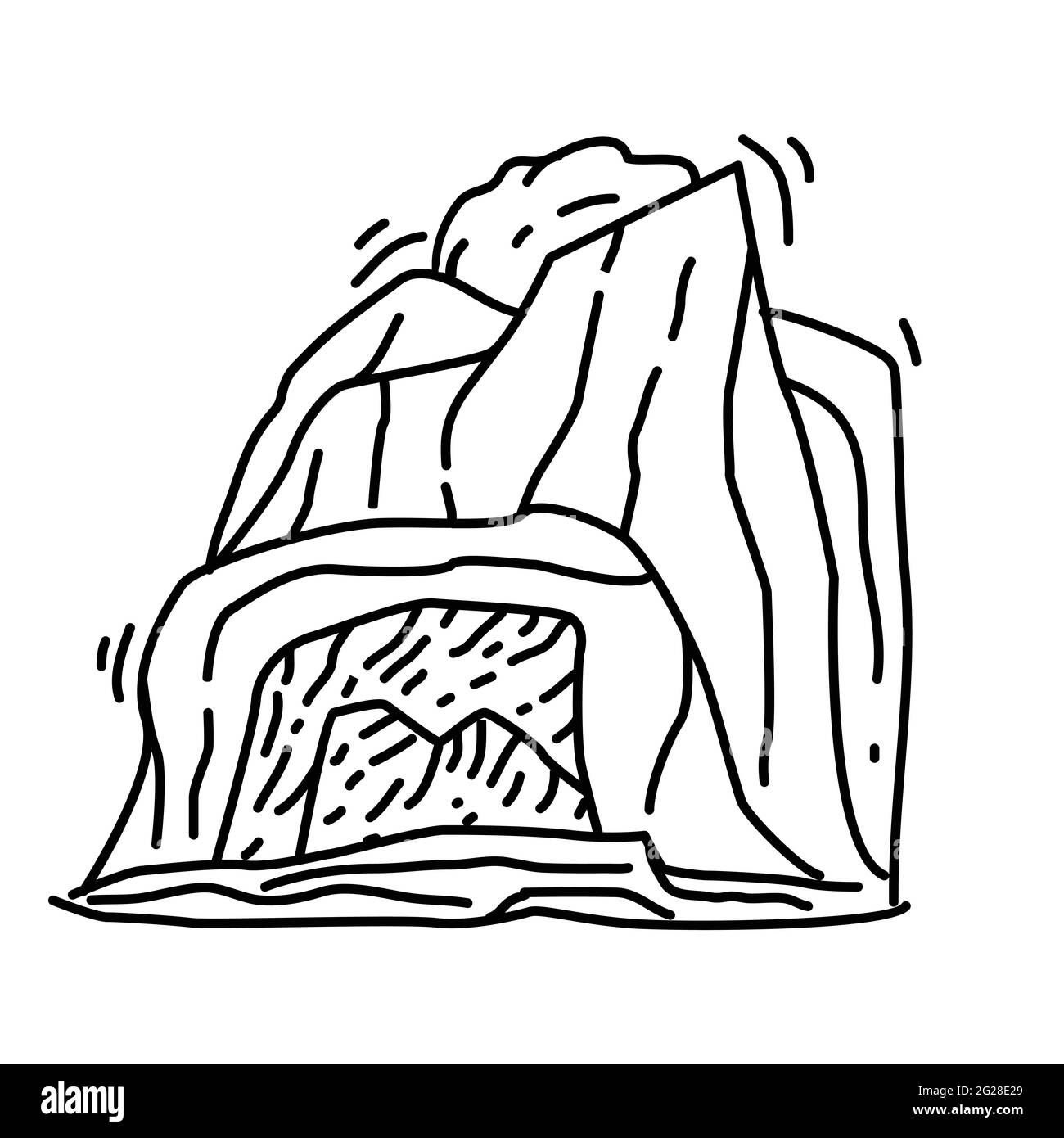 Randonnée aventure grotte, voyage, camping. Dessin à la main icône design, contour noir, icône de vecteur Doodle Illustration de Vecteur