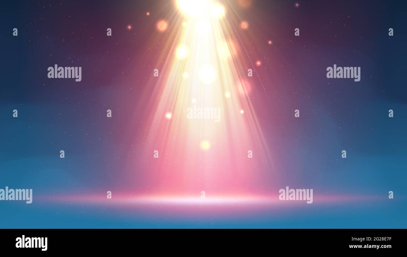 Arrière-plan avec projecteur antibrouillard. Scène fumée bleue et dorée illuminée. Toile de fond pour l'affichage des produits. Poutres apparentes rose doré brillant, par étincelant Illustration de Vecteur