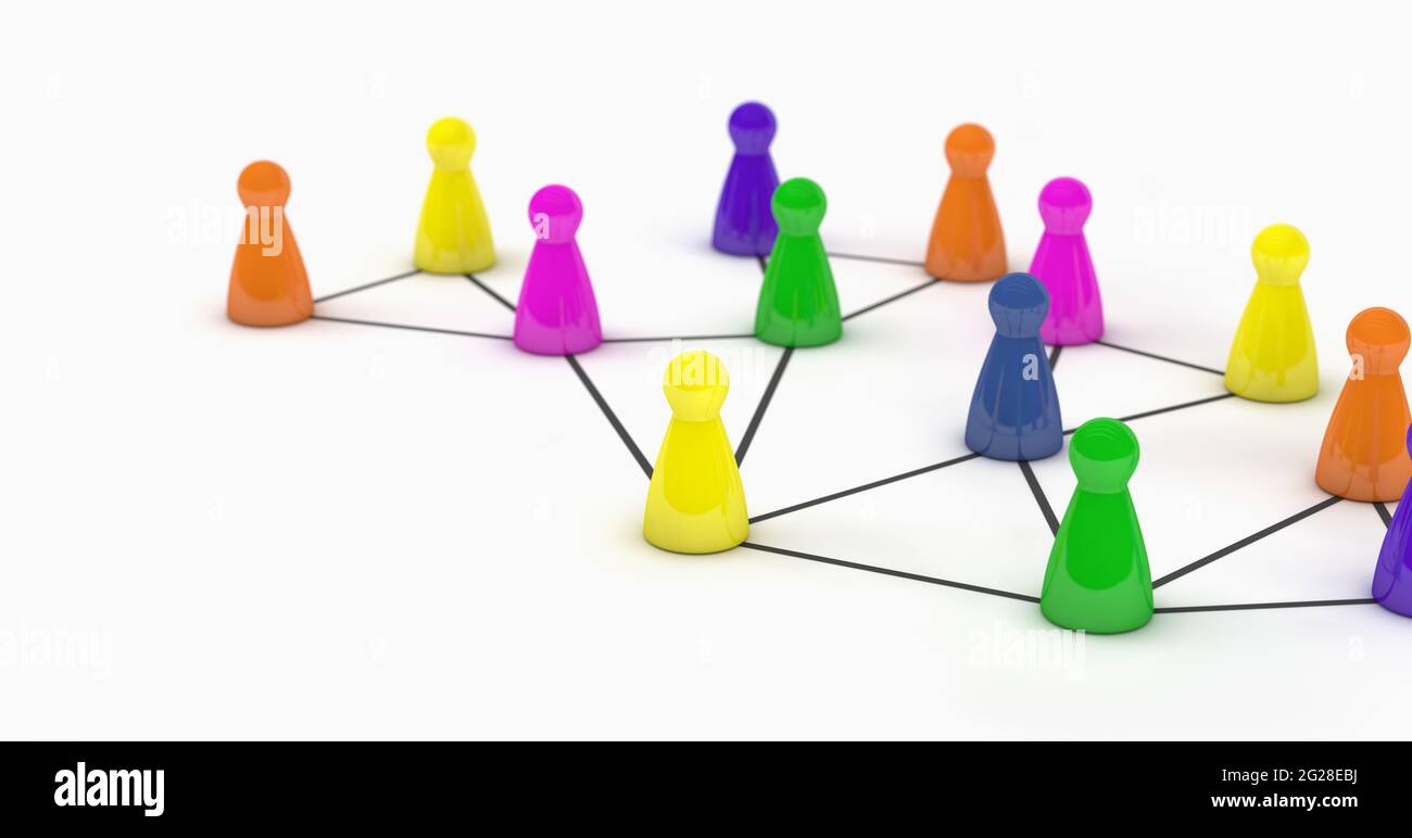 Réseau social et médias sociaux communauté Web en ligne et concept de réseautage Internet illustration 3D sur fond blanc. Banque D'Images