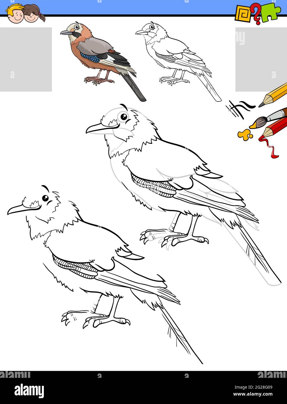 Illustration de dessin et de coloriage d'activités éducatives pour les enfants avec le caractère animal d'oiseau jay Illustration de Vecteur