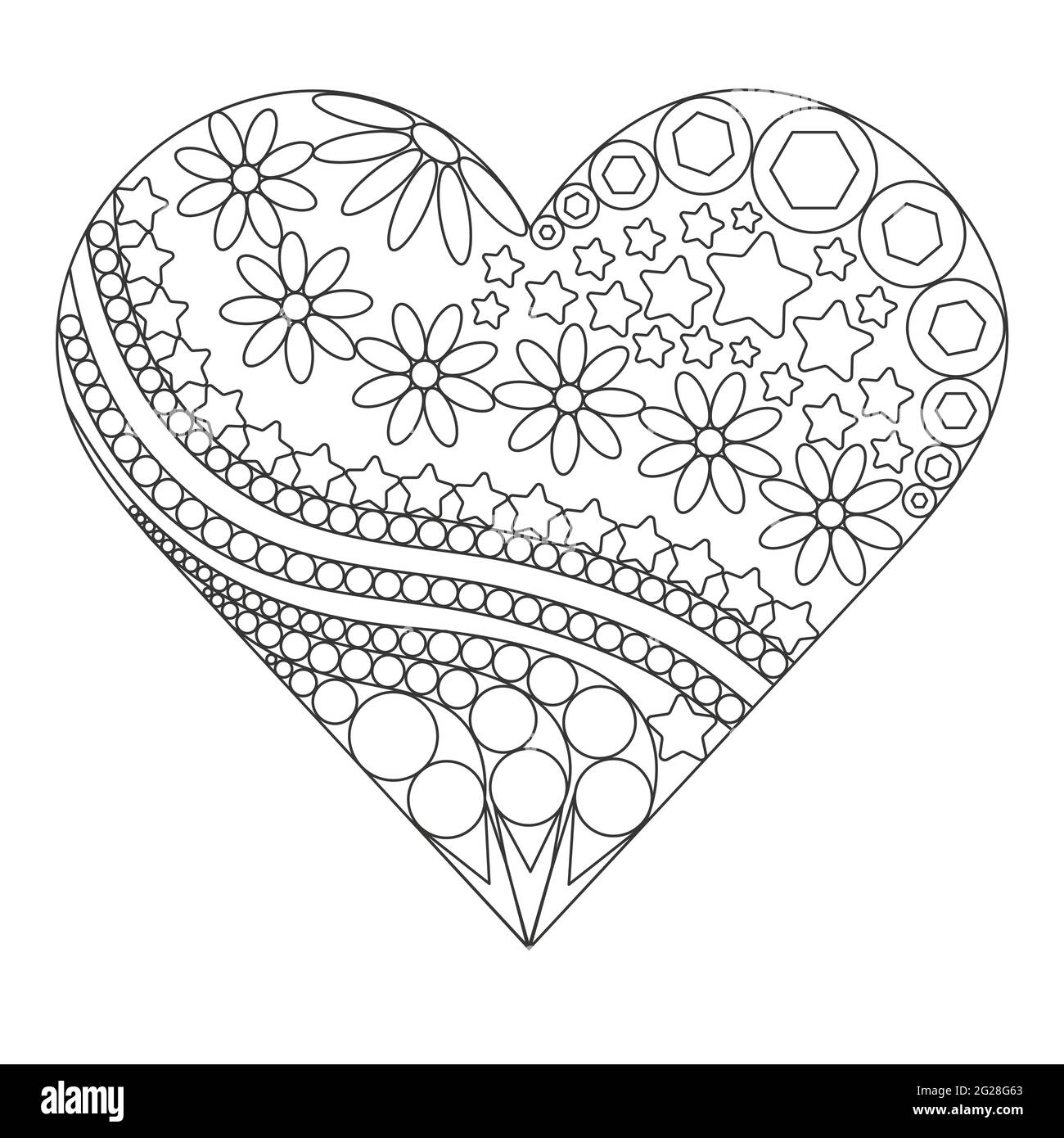 Coeur rempli de fleurs et de motifs, vecteur. Dessin complexe à main levée dans un style oriental ethnique. Illustration graphique d'un cœur. Patt. Lignes noires Illustration de Vecteur