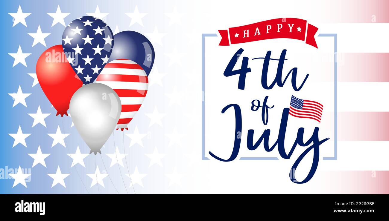 4 juillet bannière USA jour de l'indépendance avec ballons. Fond du Happy Independence Day avec typographie sur le drapeau américain et les ballons. Vecteur illustrat Illustration de Vecteur