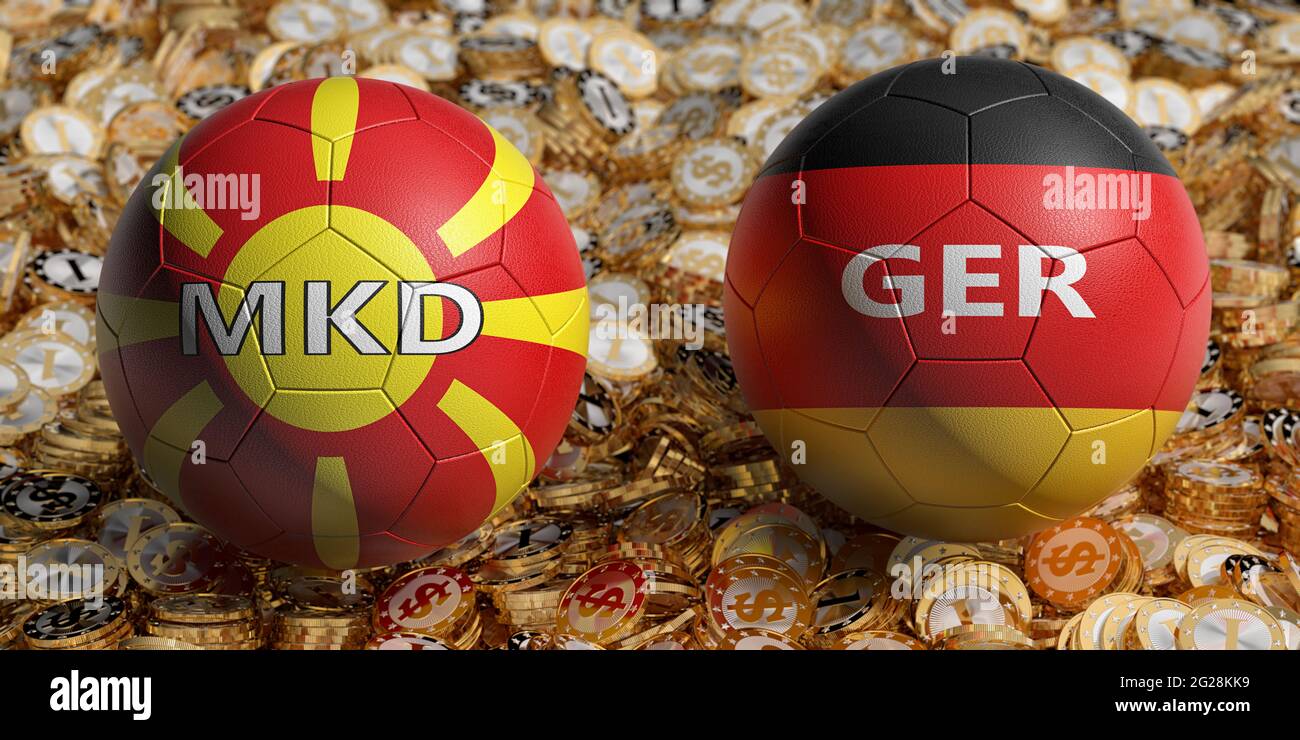 Match de football de la Macédoine du Nord contre l'Allemagne - balles de football en Macédoine du Nord et en Allemagne couleurs nationales sur un lit de pièces en dollars d'or. Rendu 3D Banque D'Images
