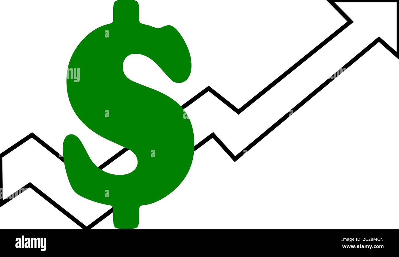 Une flèche vers le haut et vers le bas montrant une croissance à long terme avec un signe de dollar vert. Banque D'Images