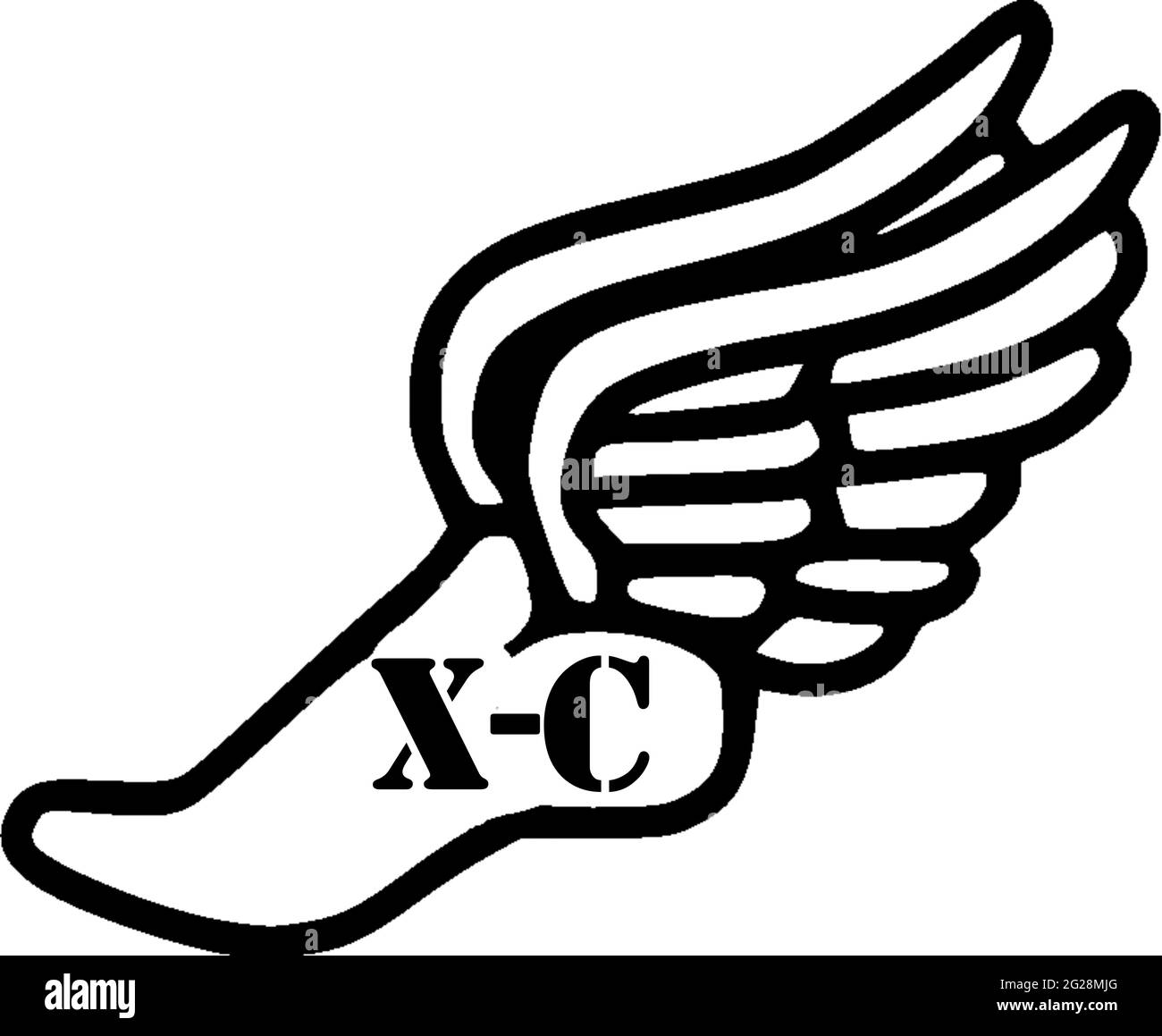 Les lettres X-C écrites au pied d'un logo de pied volant qui est un symbole pour la course de fond. Banque D'Images