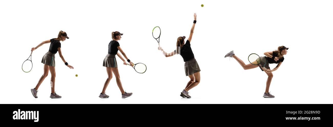 Vol élevé. Jeunes joueurs de tennis caucasiens courant et sautant sur fond blanc de studio. Banque D'Images