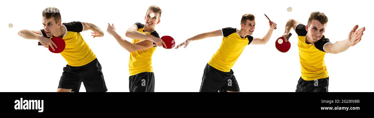 Le joueur de tennis de table en mouvement. Mettre en jeu un jeune sportif joueur de tennis sur fond noir avec des lumières. Mouvement, jeu sportif, concepts de stobe. Banque D'Images