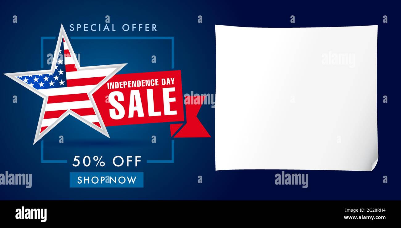 Bannière créative Happy Independence Day USA. Modèle de conception graphique abstrait isolé. Rouge, bleu, blanc. Feuille de papier. Décoration colorée CO Illustration de Vecteur