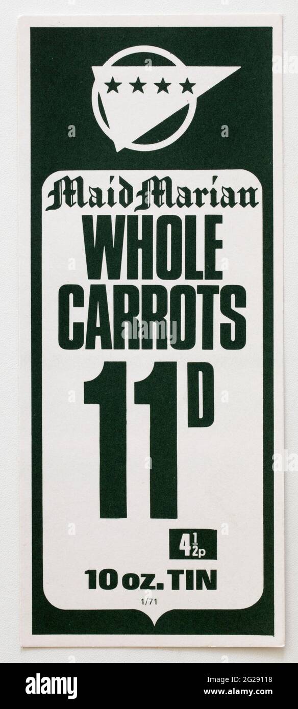 Étiquettes d'affichage de prix de la publicité de magasin des années 1970 - les carottes entières Maid Marian Banque D'Images