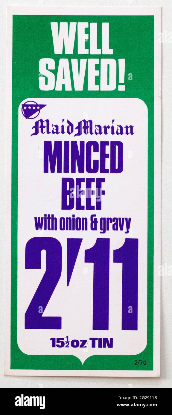 Étiquettes d'affichage des prix de la publicité des magasins des années 1970 - bœuf haché de Marian de Maid Banque D'Images