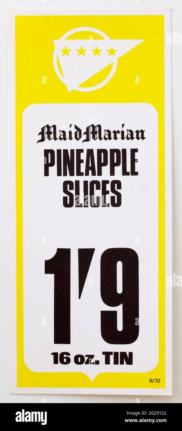 1970 Shop Publicité Prix Afficher étiquette - Maid Marian Pineapple Slices Banque D'Images