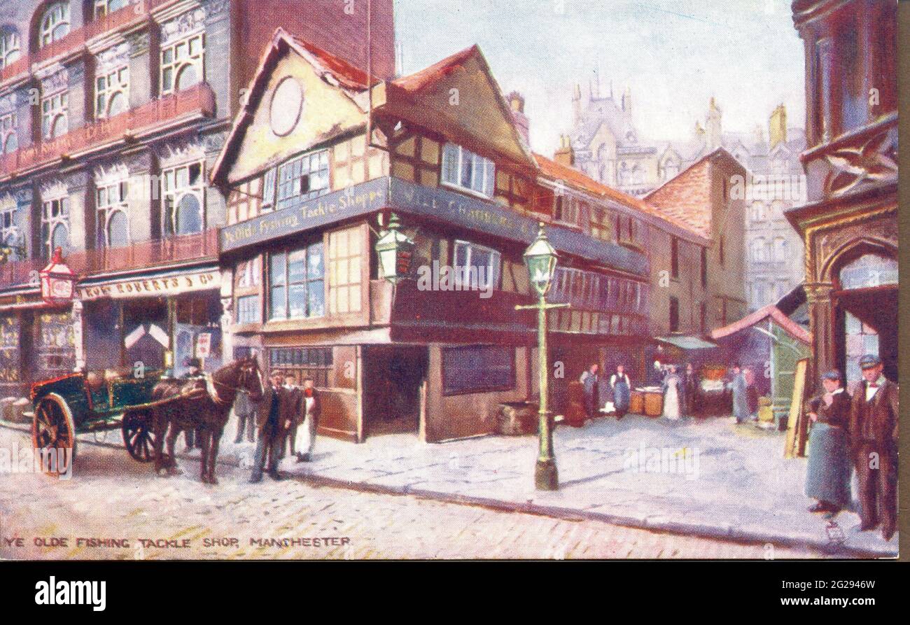 Carte postale d'un tableau de Ye Olde Fishing Tackle Shop, Manchester publié par Raphael Tuck & Sons 'Oilette' série 7195 Old Manchester' vers 1905 Banque D'Images