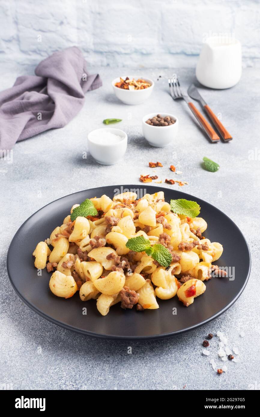 Pâtes compotées avec du bœuf haché et des légumes, macaroni dans le style de la Marine sur une assiette. Fond en béton gris. Copier l'espace Banque D'Images Pâtes compotées avec du bœuf haché et des légumes, macaroni dans le style de la Marine sur une assiette. Fond en béton gris. Copier l'espace Banque D'Images