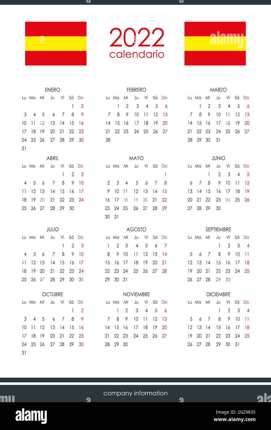 Dimanche Rouge Calendrier espagnol pour 2022. 12 mois sur une page. Début du week-end ...