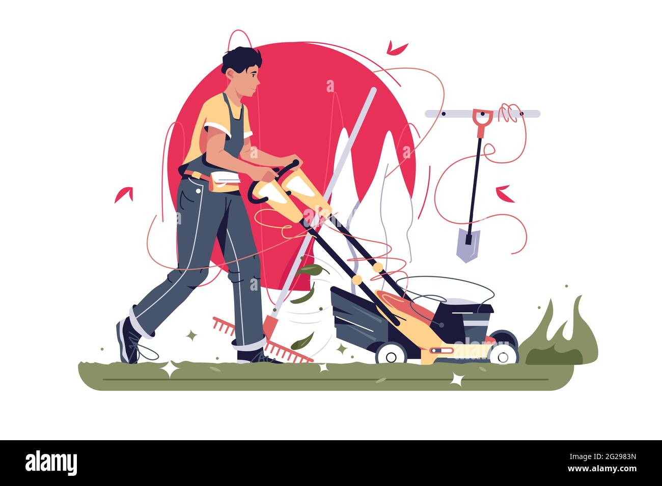 Un jardinier masculin tond l'herbe avec une tondeuse à gazon Illustration de Vecteur