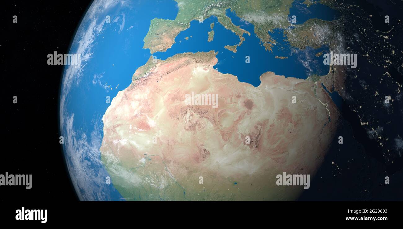 Désert du Sahara dans la planète Terre, vue aérienne de l'espace Banque D'Images