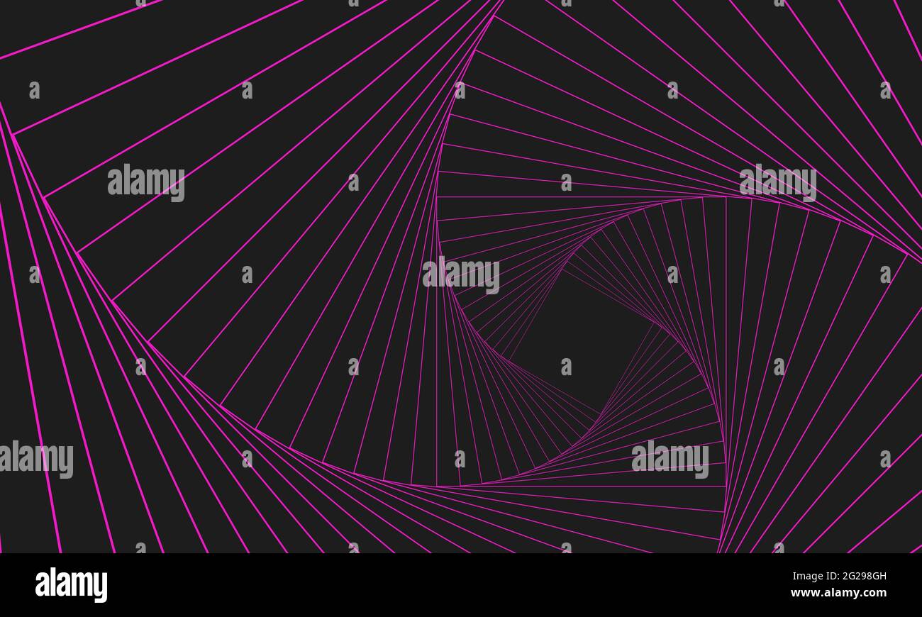 Bannière géométrique abstraite. Lignes roses tourbillonnantes sur fond gris. Tourbillons carrés, bandes ondulées, mouvement de rotation, image en spirale au néon. twi futuristes Illustration de Vecteur