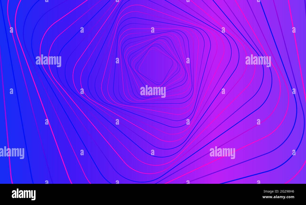 Bannière géométrique abstraite. Lignes violettes tourbillonnantes sur fond rose dégradé. Tourbillons carrés, bandes ondulées, mouvement de rotation, image néon. Futuriste tw Illustration de Vecteur