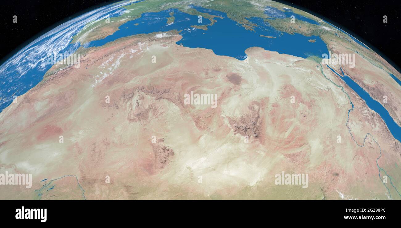 Désert du Sahara dans la planète Terre, vue aérienne de l'espace Banque D'Images