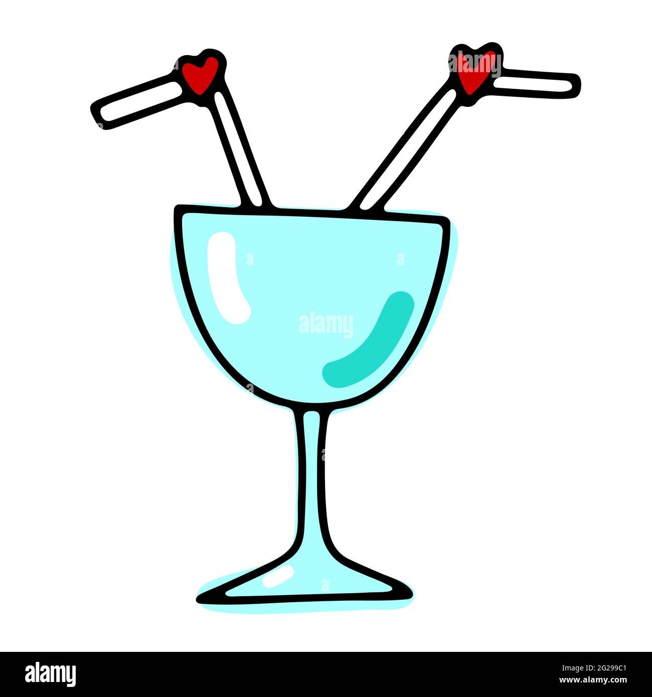 Cocktail Doodle pour deux. Verre de couleur avec pailles isolées sur fond blanc. Vaisselle avec cœur rouge signe d'amour. Saint Valentin jour, date, mariage ro Illustration de Vecteur