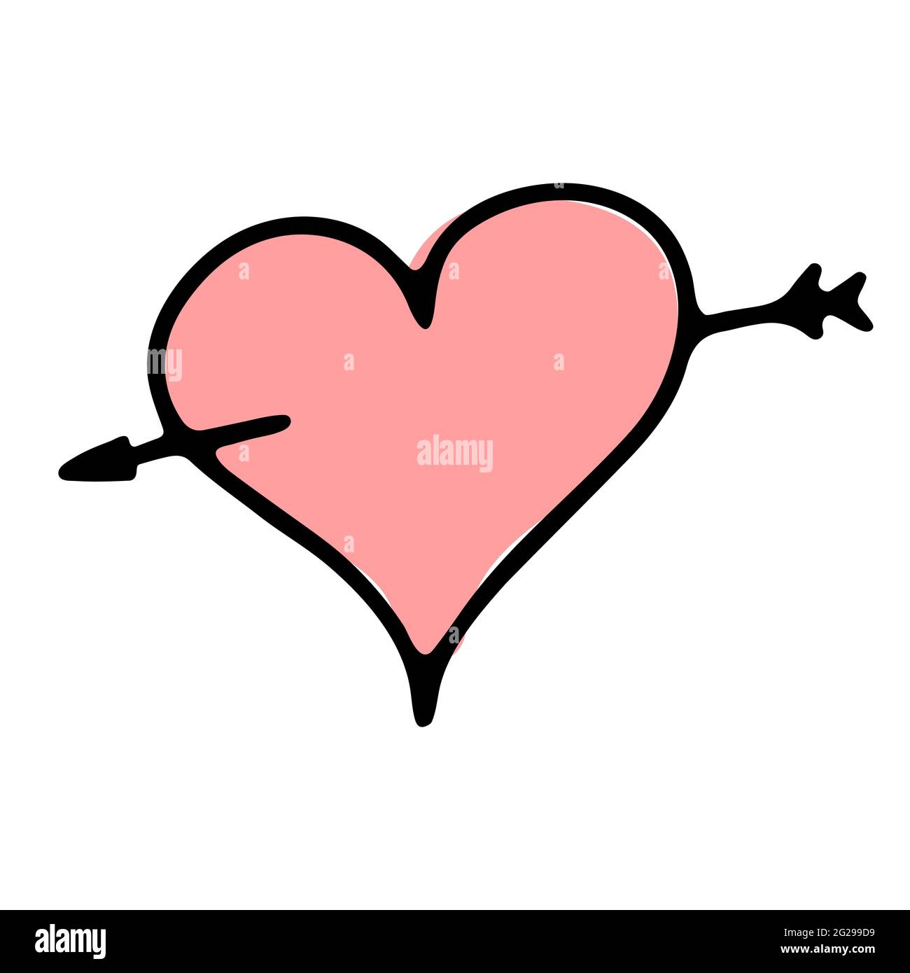 Doodle Saint Valentin coeur. Symbole d'amour rose dessiné à la main, isolé sur fond blanc. Carte de voeux mignonne coeur percé par la flèche. Le 14 février, mariage Illustration de Vecteur