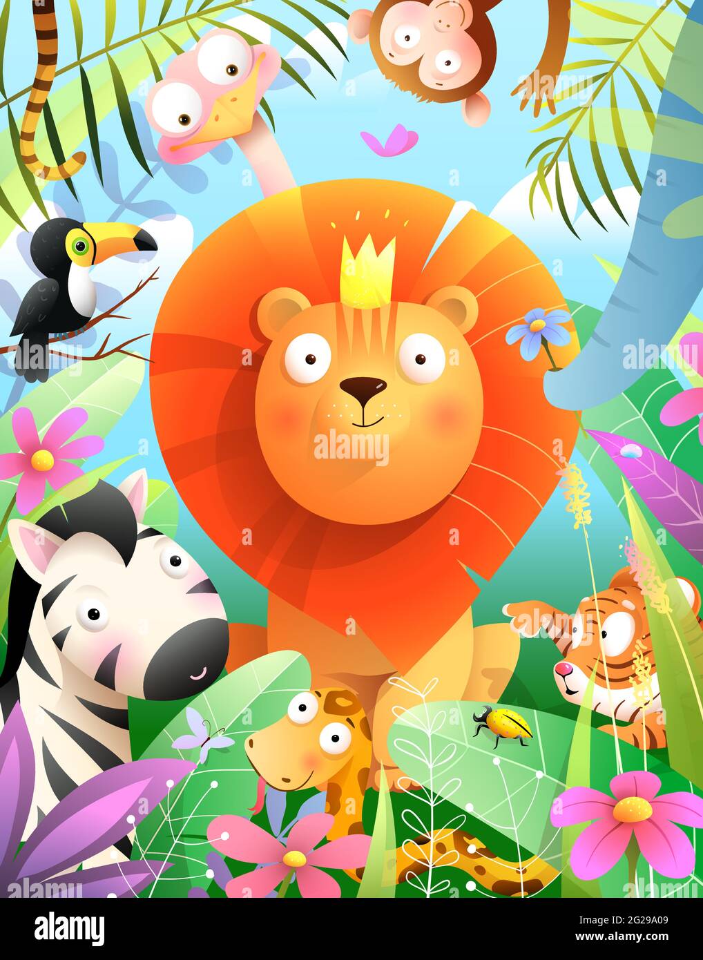 Animaux de la jungle et Lion Kids African Zoo Cartoon Illustration de Vecteur