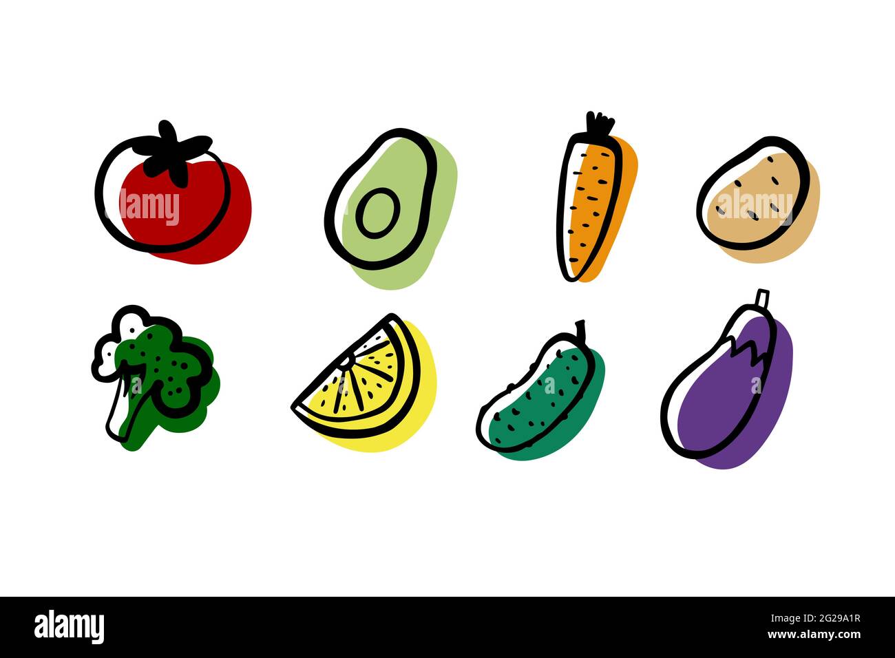 Ensemble de légumes. Brocoli avocat carotte pomme de terre tomate concombre aubergine citron sur fond blanc. Légumes frais dessinés à la main. Vector alimentation saine, e Illustration de Vecteur