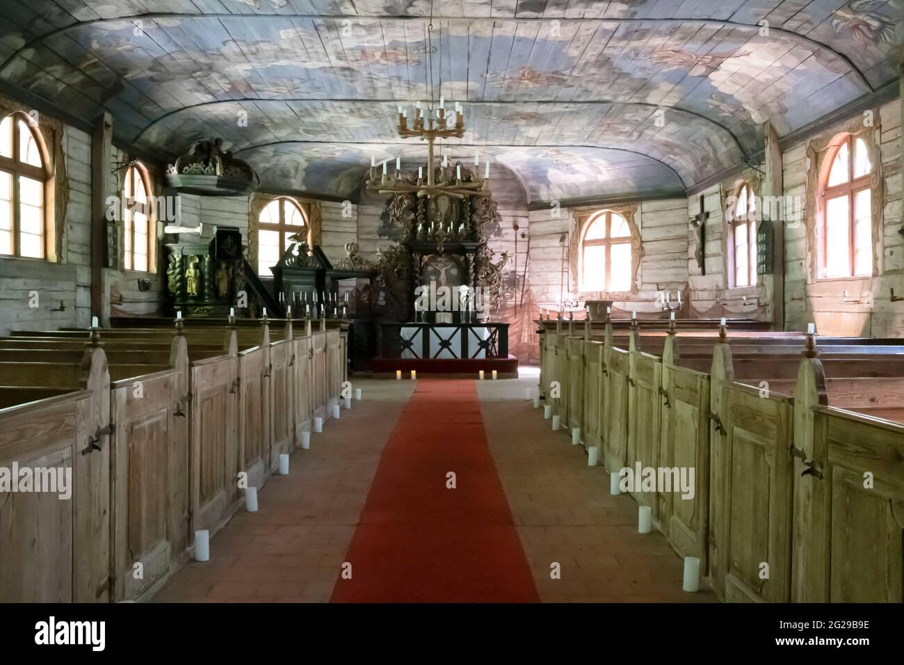 USMA Evangélical Lutheran Church Interior design, l'église luthérienne construite en 1704 près du lac d'Usma (près de la ville de Kuldiga) Lettonie Banque D'Images