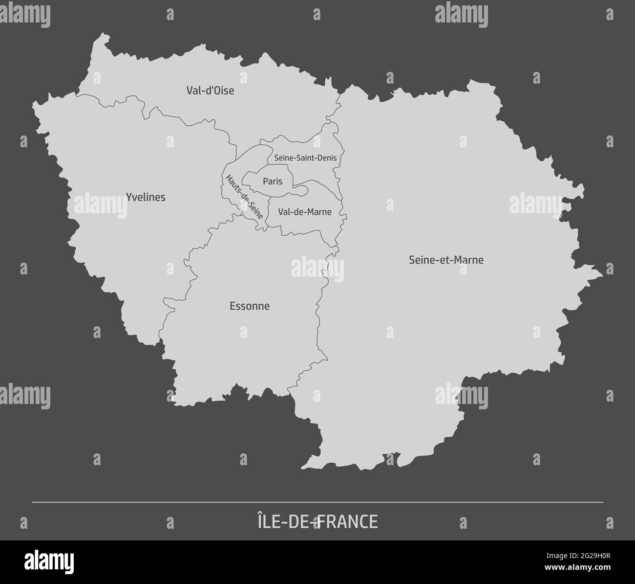 Carte administrative de l'Ile-de-France isolée sur fond sombre, France Illustration de Vecteur