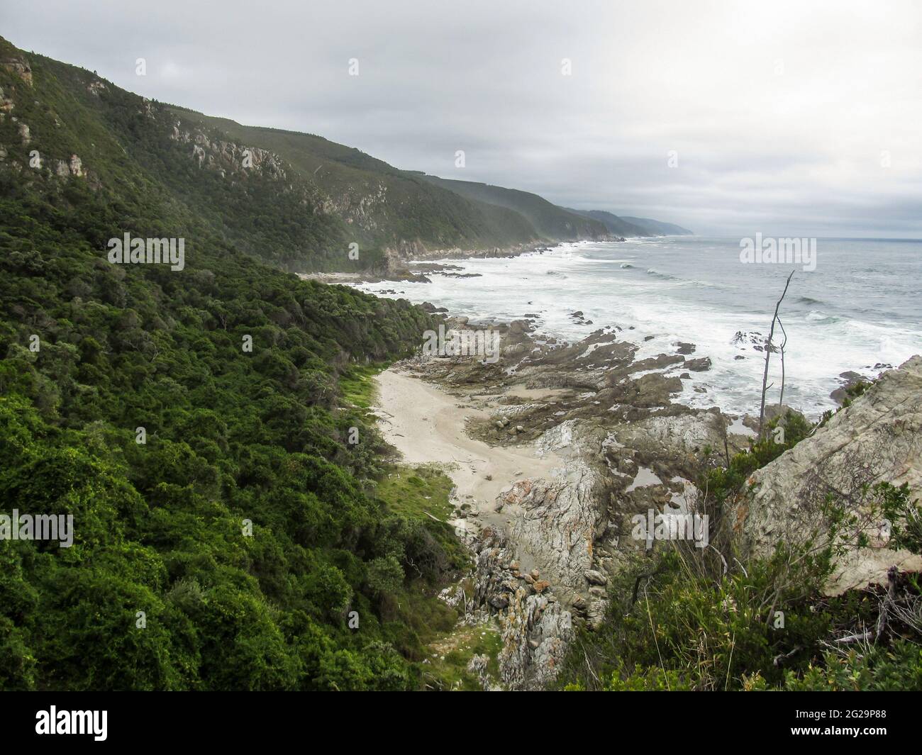 Une petite plage isolée, entre la côte rocheuse et les hautes pistes de montagne boisées dans le parc national Garden route, Afrique du Sud Banque D'Images