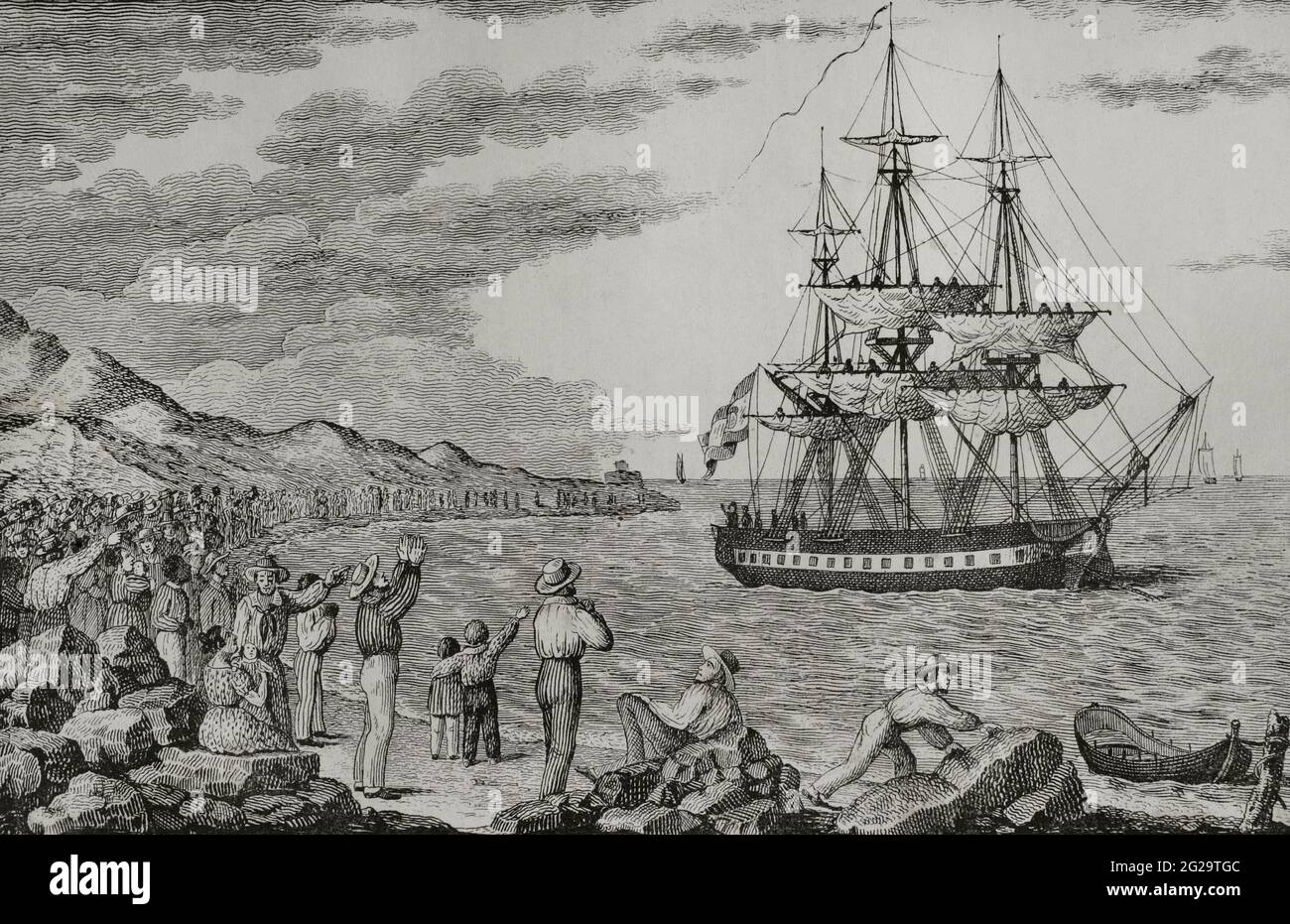 Francisco Javier Balmis (1753-1819). Médecin militaire espagnol. Il a dirigé une expédition (1803-1813) pour vacciner contre la variole en Amérique latine et aux Philippines. L'expédition philanthropique royale a quitté la Coruña, avec le chirurgien Josep Salvany et l'infirmière Isabel Zendal. Après son arrivée au Venezuela en 1804, l'expédition a décidé de se diviser pour atteindre d'autres régions : Balmis s'est rendu au Mexique. Le 'María Pita', le navire affrété pour l'expédition, partant du port de la Coruña (Galice, Espagne). Gravure. Historia del Levantamiento, guerra y revolución de España b Banque D'Images
