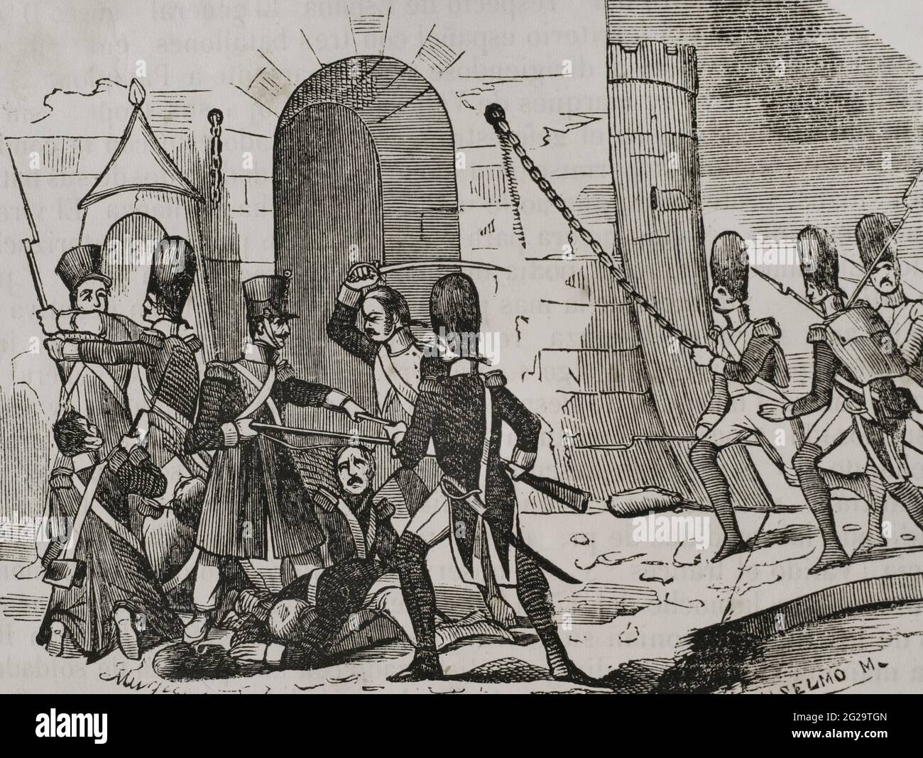 Histoire de l'Espagne. Invasion napoléonienne. Le général d'Armagnac est entré à Pampelune le 9 février 1808. Il est arrivé en tant qu'allié, bien qu'avec le but caché de prendre la citadelle. Il avait l'intention de déposer deux bataillons à l'intérieur de la citadelle, mais il a été refusé à la Viceroy de Navarre, le marquis de Villasantoro. Après l'interdiction, le 16 février, en utilisant les soldats qui se sont rendus à la citadelle à l'aube chaque jour pour recueillir du pain pour les troupes et un petit groupe de soldats sélectionnés, ils ont réussi à prendre la forteresse avec l'aide de deux compagnies de grenadiers. Surprise de la Citadelle de Pampelune. Engravin Banque D'Images