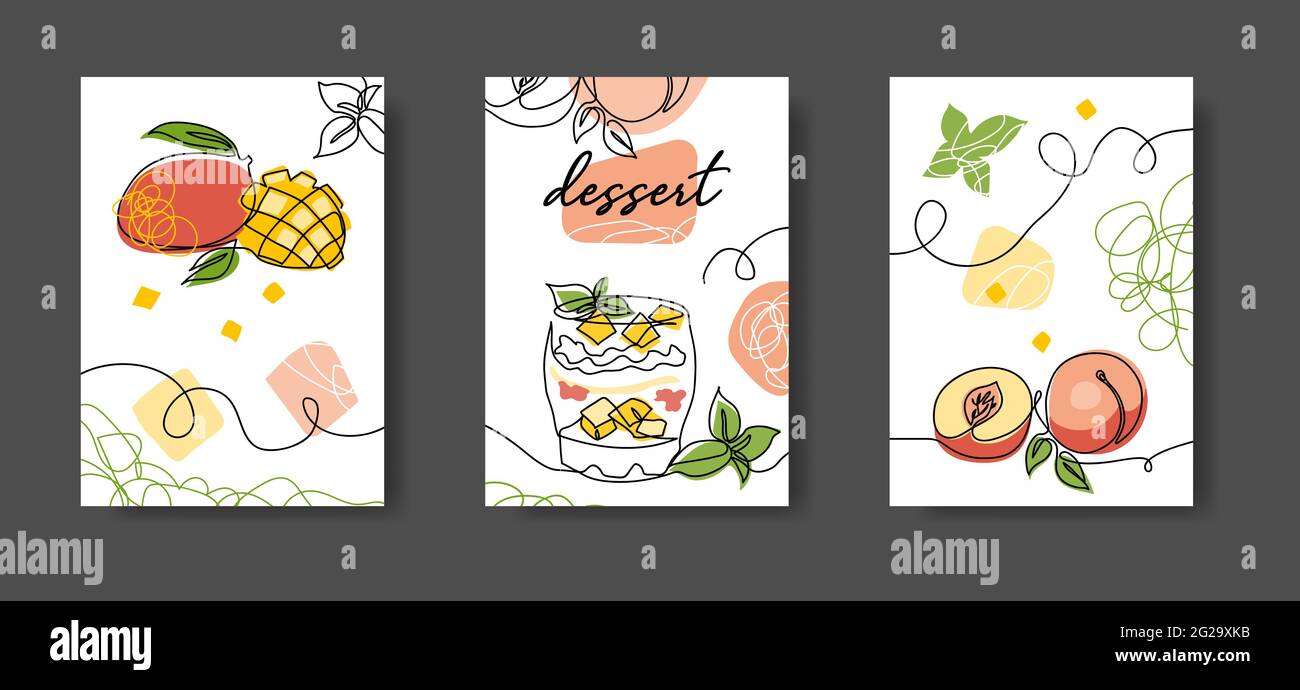 Dessert de fruits minimal affiche d'une ligne. Décoration de la paroi. Ensemble d'illustrations vectorielles de mangue et de pêche, une ligne d'art continue pour la cuisine Illustration de Vecteur