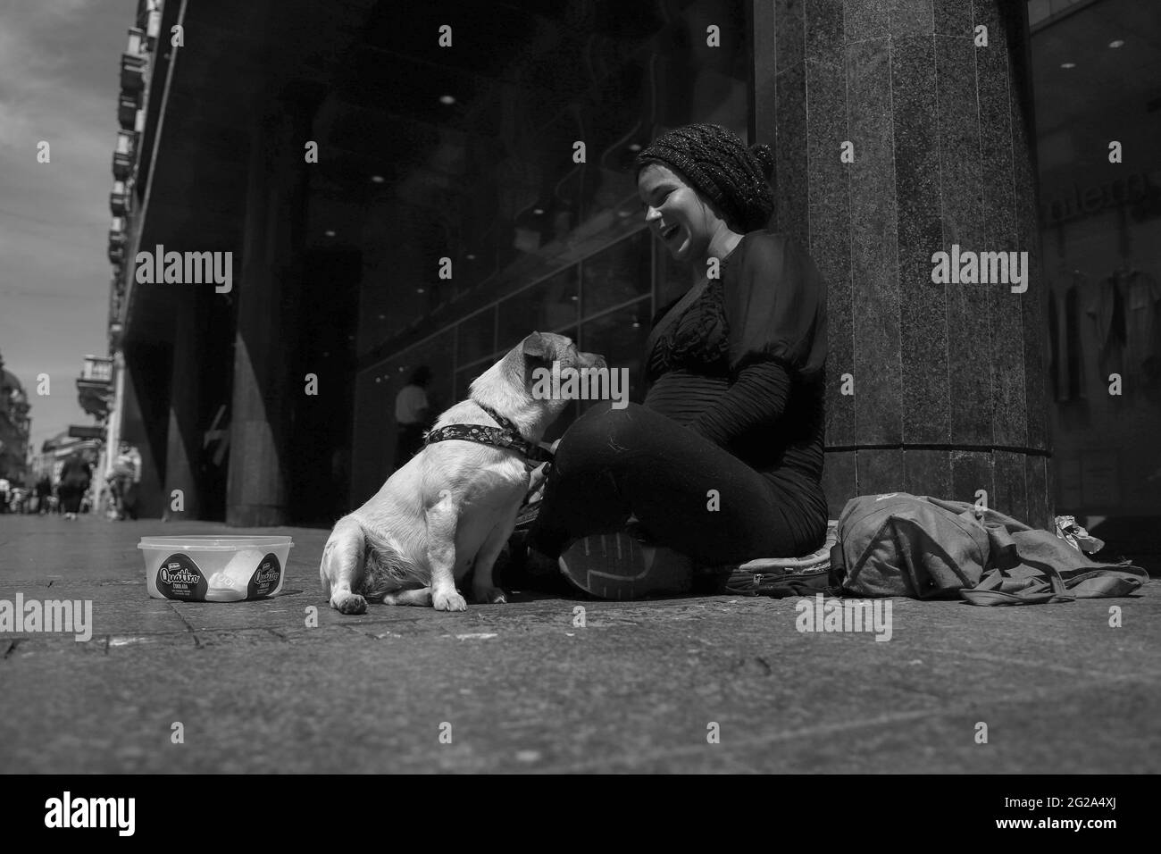 Serbie, 29 avril 2021 : un petit chien mignon aide une jeune femme enceinte à mendier dans la rue Knez Mihailova à Belgrade (N/B) Banque D'Images