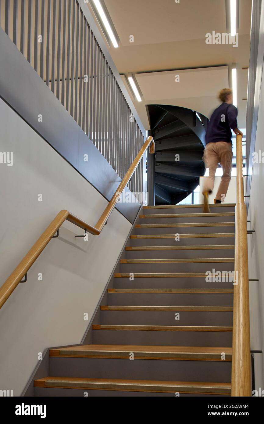 Vue sur l'escalier du rez-de-chaussée. Bureaux de PAN Macmillan, Londres, Royaume-Uni. Architecte: Studio soigné, 2019. Banque D'Images