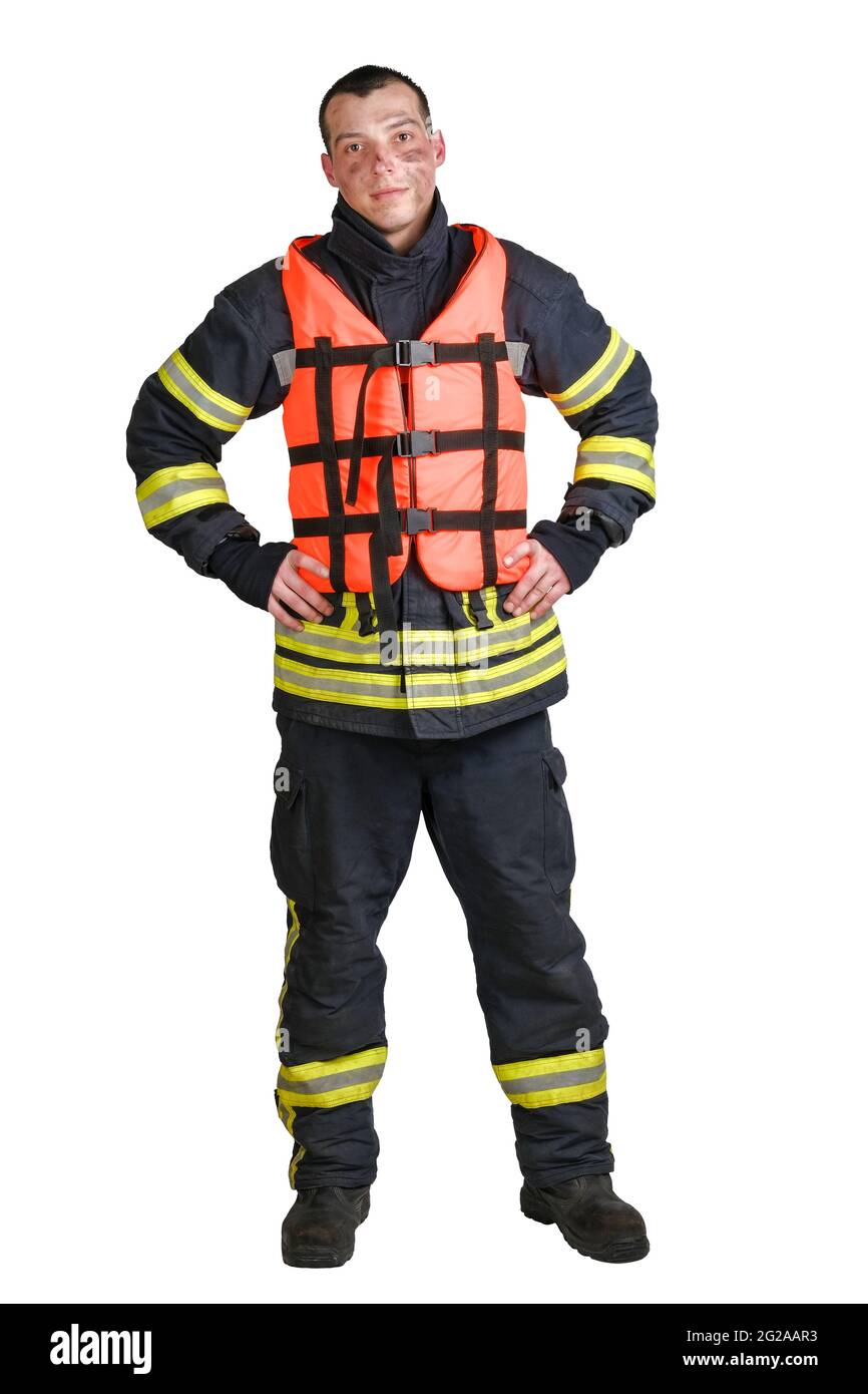 Jeune homme souriant en uniforme de pompier et gilet de sauvetage orange  Photo Stock - Alamy
