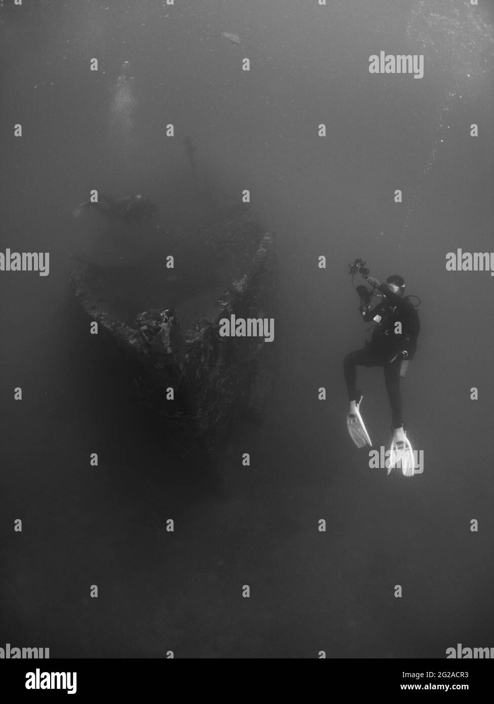 Prise de vue verticale en niveaux de gris de plongeurs explorant sous l'eau près des ruines d'un bateau submergé Banque D'Images