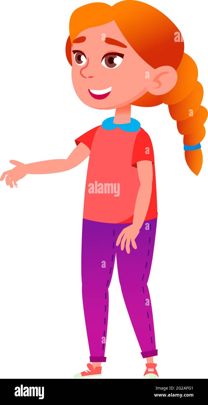 bonne fille élève saluant camarade classe à l'école dessin animé ...