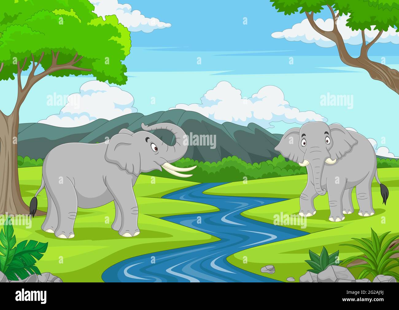 Caricature de deux éléphants dans la jungle Illustration de Vecteur