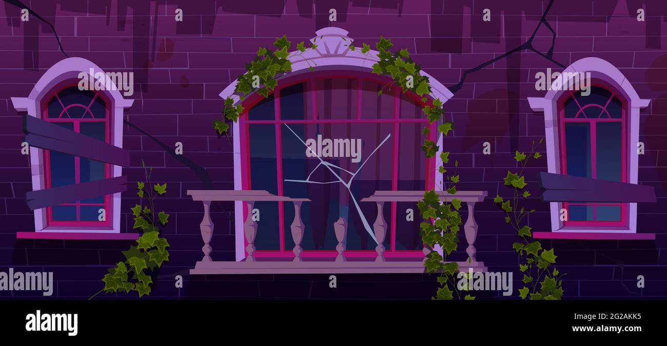 Ivy sur la façade ancienne de bâtiment abandonné, vignes avec des feuilles vertes grimpant à des fenêtres à bord et balustrade de balcon en marbre cassé. Extérieur de la maison de nuit avec mur fissuré dessin vectoriel de dessin animé Illustration de Vecteur
