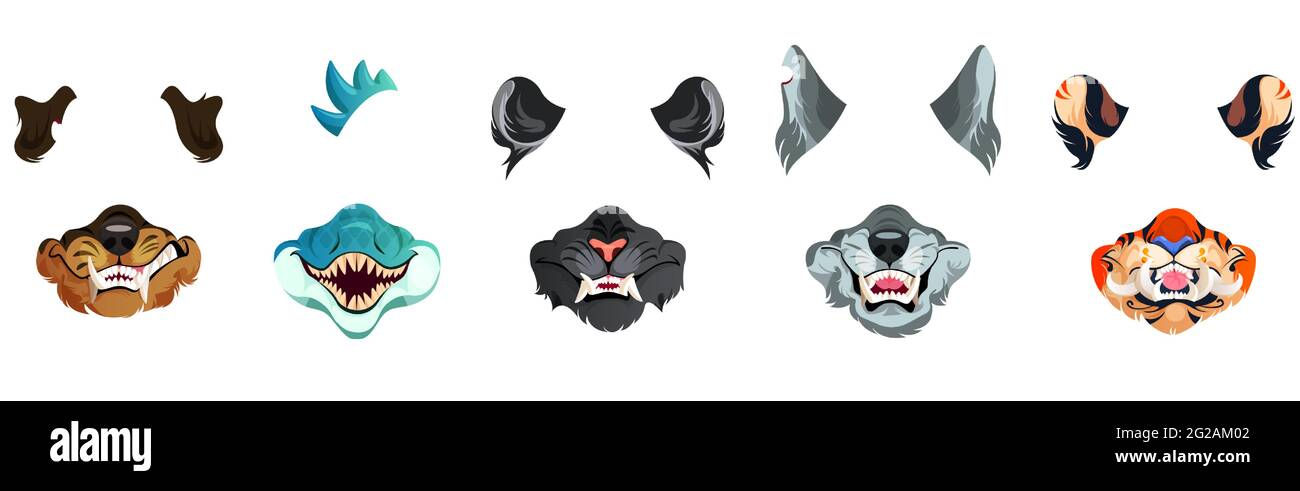 Masques de visage d'animaux pour réseaux sociaux, filtres de chat photo de selfie ou vidéo. Grondeur effrayant tigre, serpent, rat et loup ou chien torontes muzzles et les éléments d'oreilles isolés sur fond blanc, ensemble de vecteur de dessin animé Illustration de Vecteur