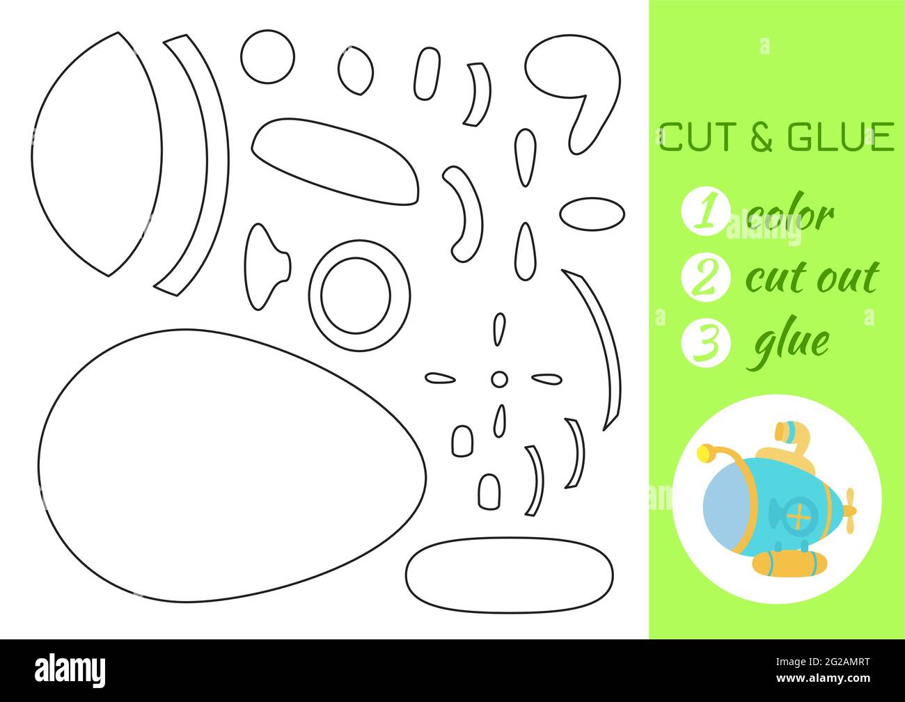 Couleur, couper et coller papier sous-marin turquoise. Couper et coller la page d'activité de spécialité. Jeu éducatif pour les enfants d'âge préscolaire. Feuille de travail DIY. Logique enfants g Illustration de Vecteur