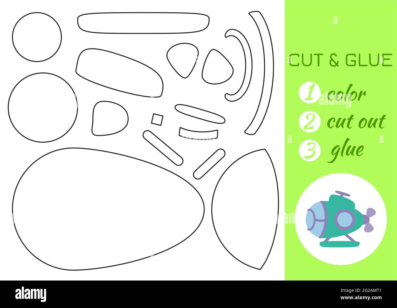 Colorer, couper et coller le papier vert sous-marin. Couper et coller la page d'activité de spécialité. Jeu éducatif pour les enfants d'âge préscolaire. Feuille de travail DIY. Jeux de logique pour enfants, Illustration de Vecteur