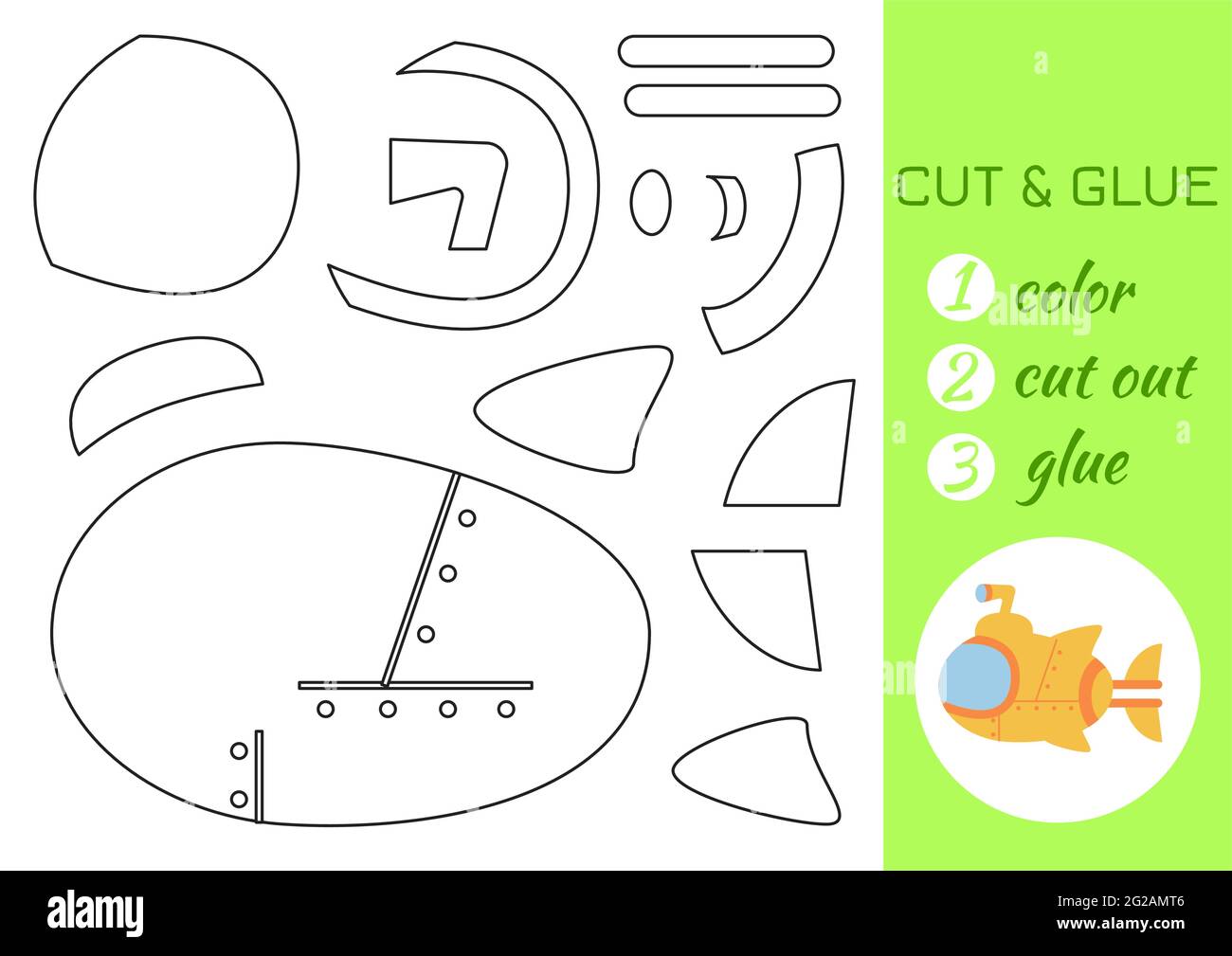 Couleur, couper et coller papier jaune sous-marin. Couper et coller la page d'activité de spécialité. Jeu éducatif pour les enfants d'âge préscolaire. Feuille de travail DIY. Jeu de logique pour enfants Illustration de Vecteur