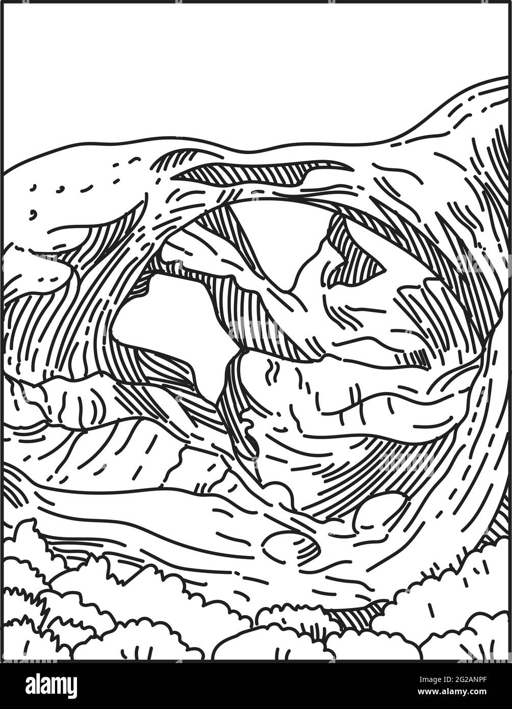 Illustration monoligne de Double Arch situé dans le parc national d'Arches dans le sud du Grand Comté, Utah, États-Unis d'Amérique fait en noir rétro et Illustration de Vecteur