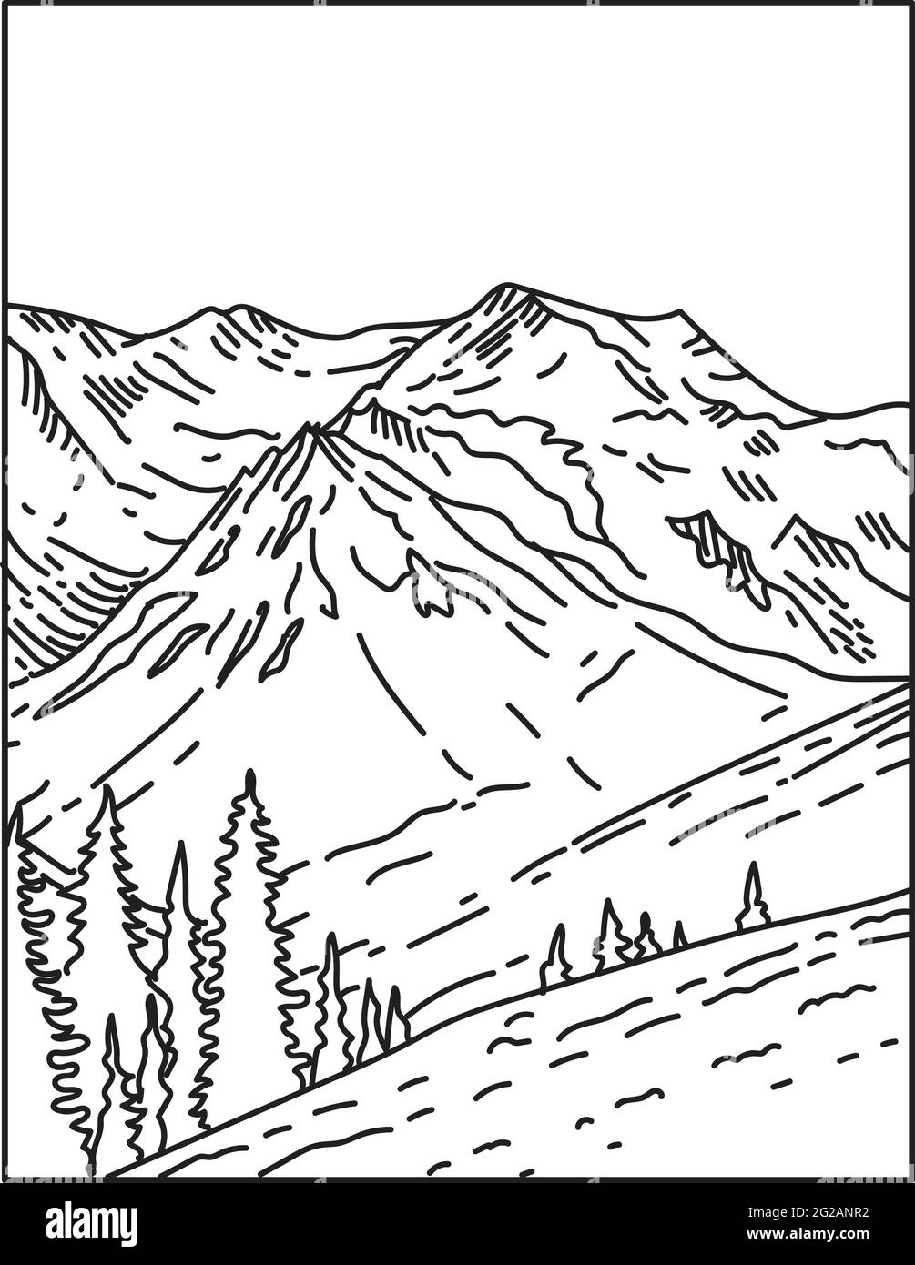 Illustration monoligne du sommet du mont Olympe recouvert de glacier dans le parc national olympique situé dans l'État de Washington, États-Unis d'Amérique fait dans Illustration de Vecteur
