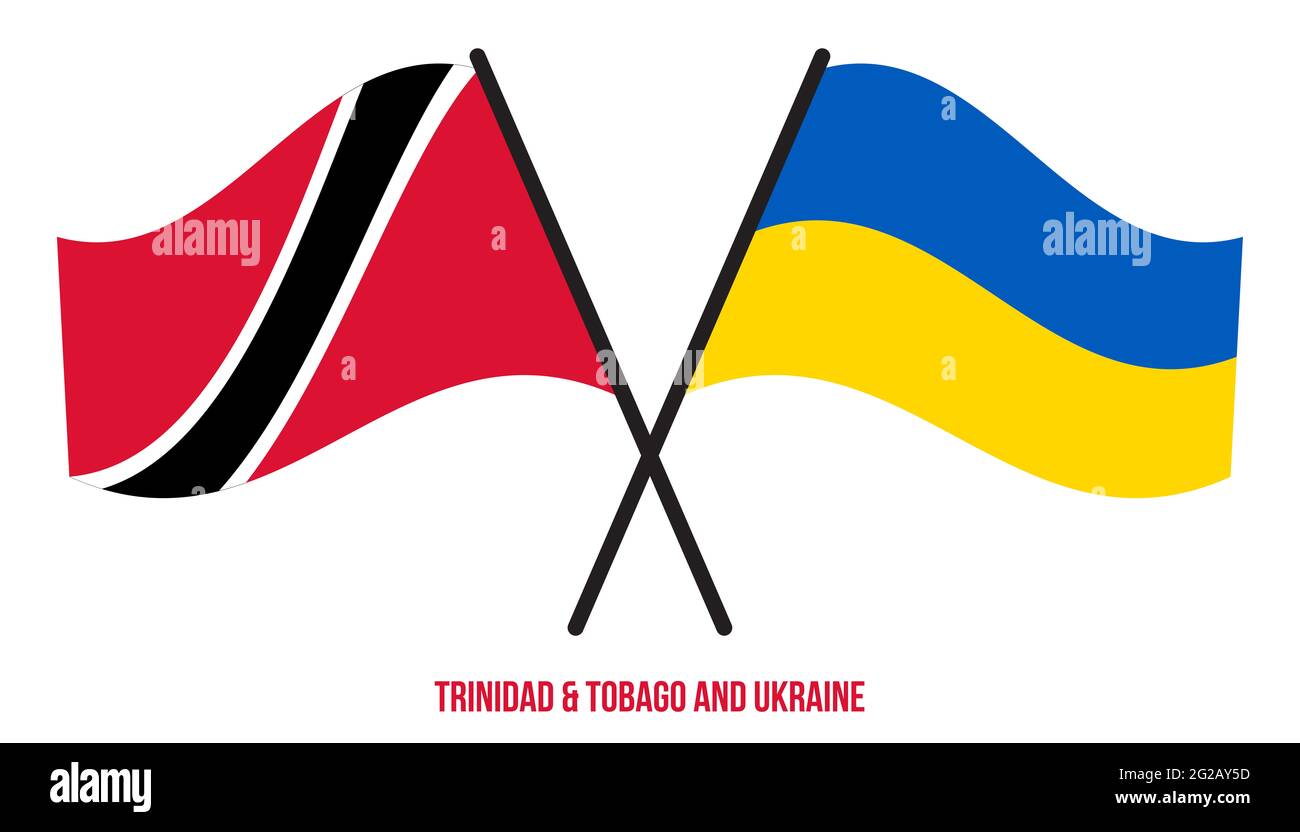 Les drapeaux de Trinité-et-Tobago et d'Ukraine sont croisés et ondulés de style plat. Proportion officielle. Banque D'Images