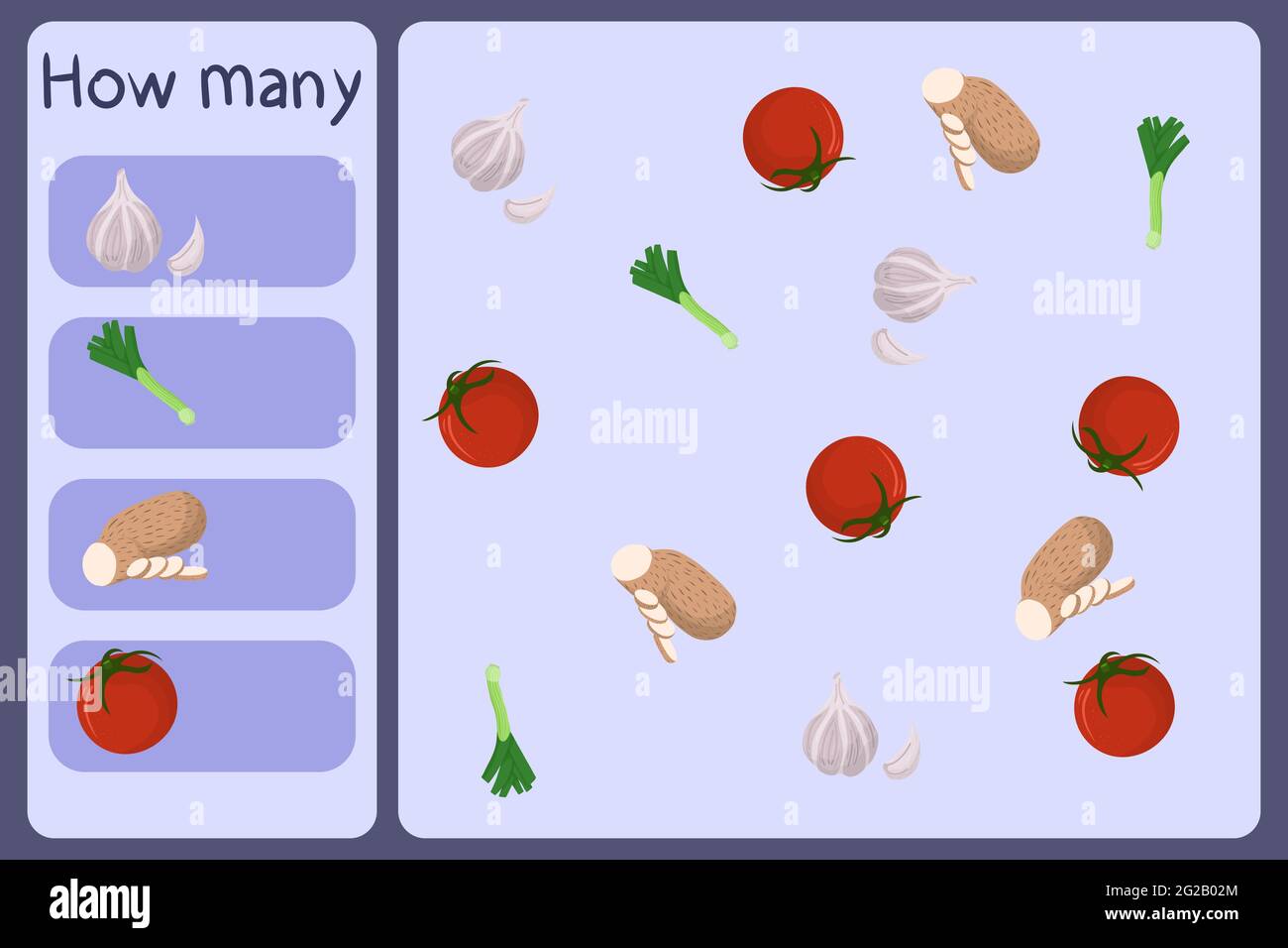 Mini jeu mathématique pour enfants - comptez combien de légumes - ail, poireau, igname, tomate. Jeux éducatifs pour enfants. Modèle de dessin animé sur fond coloré. Graphique vectoriel. Illustration de Vecteur